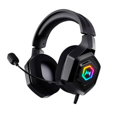 Sleek, modern gaming headset with black over-ear design, padded headband, hexagonal ear cups, vibrant multi-colored LED logo, flexible microphone, futuristic and stylish, generative ai