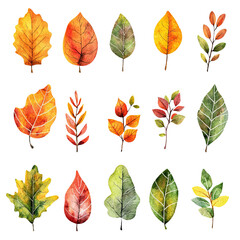 Fototapeta premium A vibrant collection of hand-painted autumn leaves in various shapes and colors, perfect for seasonal designs and illustrations.