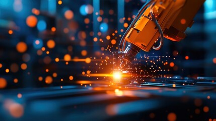 A close-up of a robotic arm performing precision work, showcasing sparks and technology in a modern industrial setting.