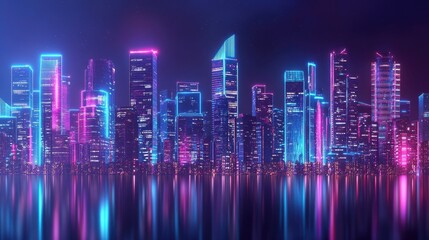 Obraz premium Panoramic cityscape featuring modern urban architecture with vibrant neon light effects. Futuristic technology and hi-tech science concept.