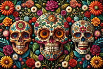 Colorful, intricately detailed illustrations of sugar skulls, surrounded by flowers, vines, and ornate patterns,
