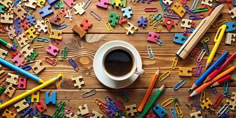 Fototapeta premium Colorful, mixed-up letters and symbols cover a wooden table, surrounded by pens, paper clips, and coffee cups, evoking