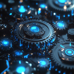  A futuristic design with interlocking gears and glowing highlights. 