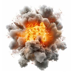 Flames and shockwave everywhere, massive explosion, explosion element, detailed illustration, vibrant fire and force, isolated on white background