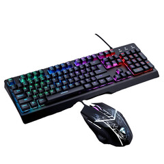 Gaming keyboard and mouse set with black mechanical keyboard, RGB backlighting in layout, numeric keypad, ergonomic black mouse with blue and white logo, generative ai