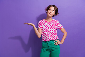 Photo of lovely sweet dreamy cute girl wear pink trendy clothes looking empty space demonstrate...