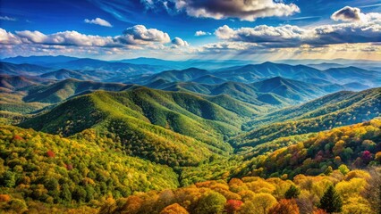 Panoramic Landscape Featuring The Rolling, Forested Peaks And Valleys Of The Blue Ridge Mountains Under A Clear Blue Sky.