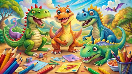 Naklejka premium Colorful illustration of happy, smiling dinosaurs holding crayons and pencils, creating vibrant artwork surrounded by