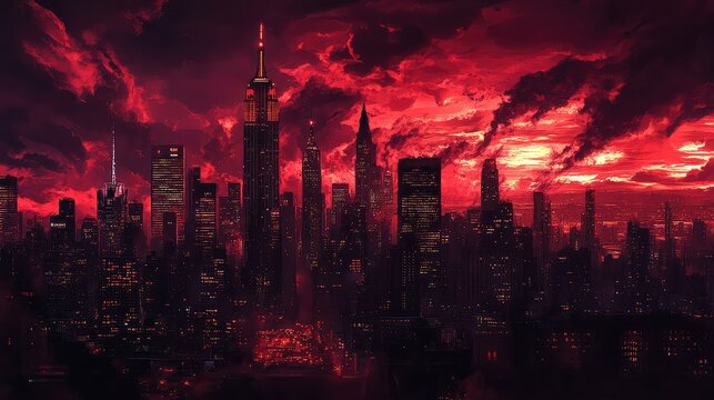 Fototapeta New York City skyline at night, bathed in crimson light, with twisted, shadowy skyscrapers and glowing red clouds, as seen through the eyes of a demon