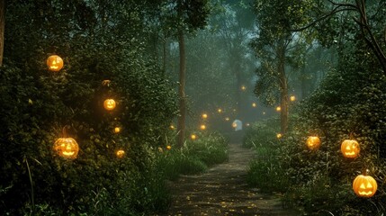 Obraz premium Enchanted Forest Trail at Night with Glowing Pumpkins and Ghostly Figures Amidst the Fog