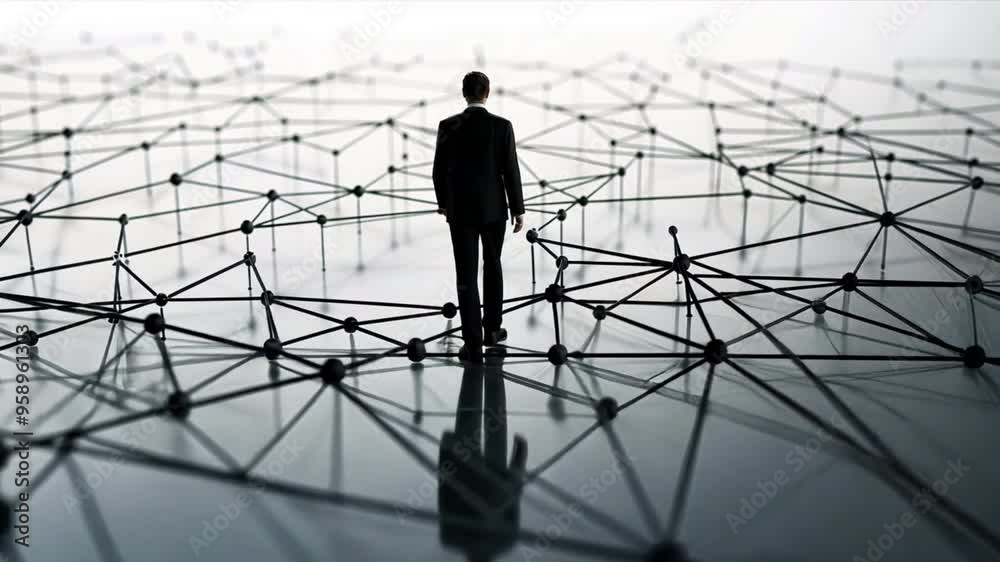 Poster A man is walking through a network of lines