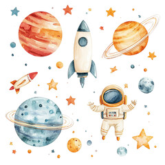 A whimsical, colorful watercolor space scene featuring planets, rockets, and an astronaut among stars.