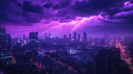 Fototapeta premium Purple lightning storm over the city, with bolts illuminating the night sky and casting a vibrant glow over the urban landscape, creating a stunning visual effect.