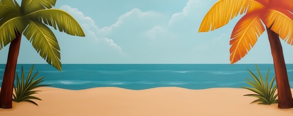 Fototapeta premium A vibrant beach scene with palm trees and a calm ocean, perfect for relaxation and tropical-themed projects.