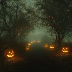 Enchanted Forest Trail at Night with Glowing Pumpkins and Ghostly Figures Amidst the Fog