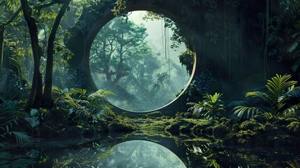 A circular portal in a lush, overgrown jungle, revealing a glimpse of a misty, verdant forest beyond.