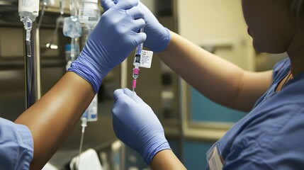 Two healthcare workers prepare an IV bag in a hospital room.