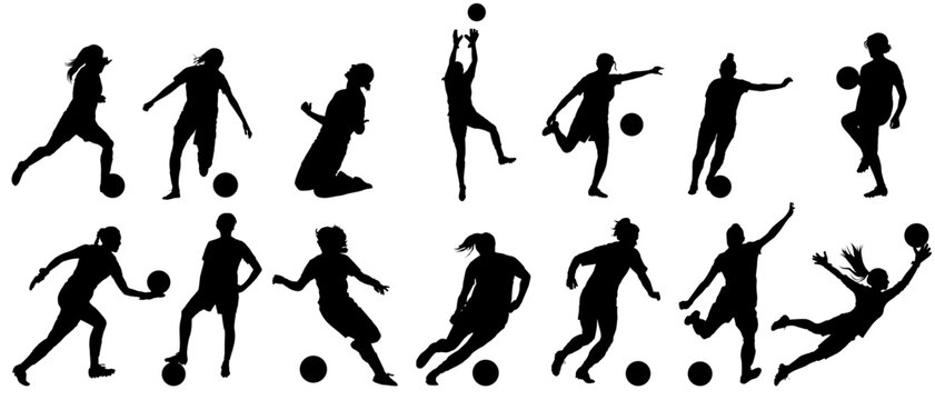 Set of female football or soccer player silhouettes, athletic women in action - Powered by Adobe