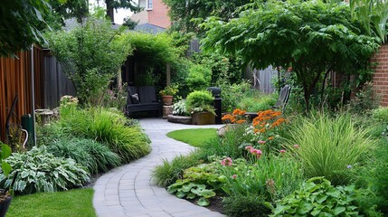 Serene garden pathway surrounded by vibrant greenery and colorful flowers, perfect for relaxation and nature lovers.