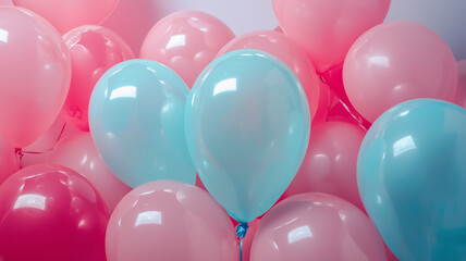 Pink and blue balloons floating against a pastel background, gender party reveal background