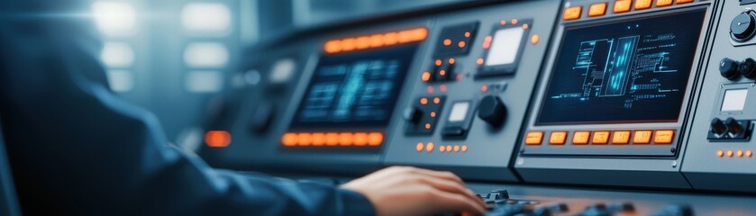 Close-up of a control panel with illuminated buttons and displays, showcasing technology and precise operation in an industrial setting.