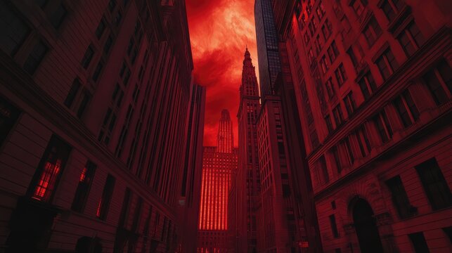 Fototapeta Wall Street as seen through demonic eyes, with elongated buildings, red-glowing windows, and figures shrouded in darkness under a crimson sky