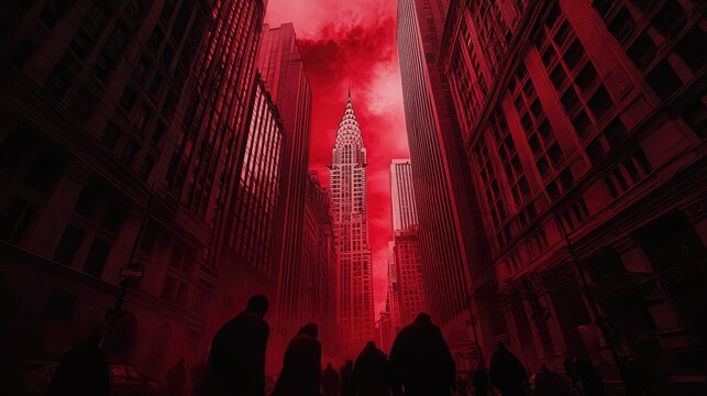Fototapeta Wall Street as seen through demonic eyes, with elongated buildings, red-glowing windows, and figures shrouded in darkness under a crimson sky