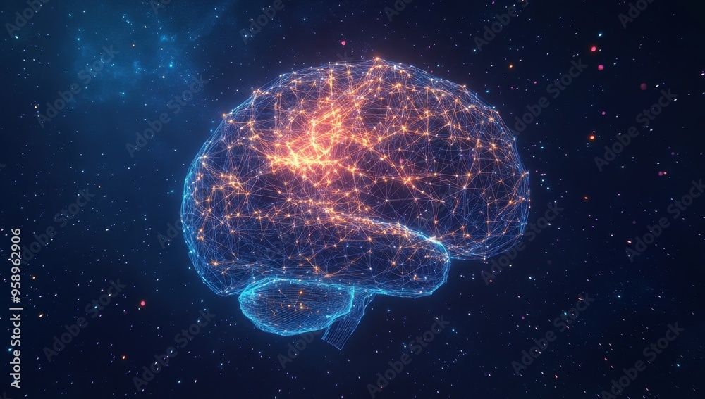 Poster a glowing brain made of interconnected lines and dots, floating in space and representing the comple