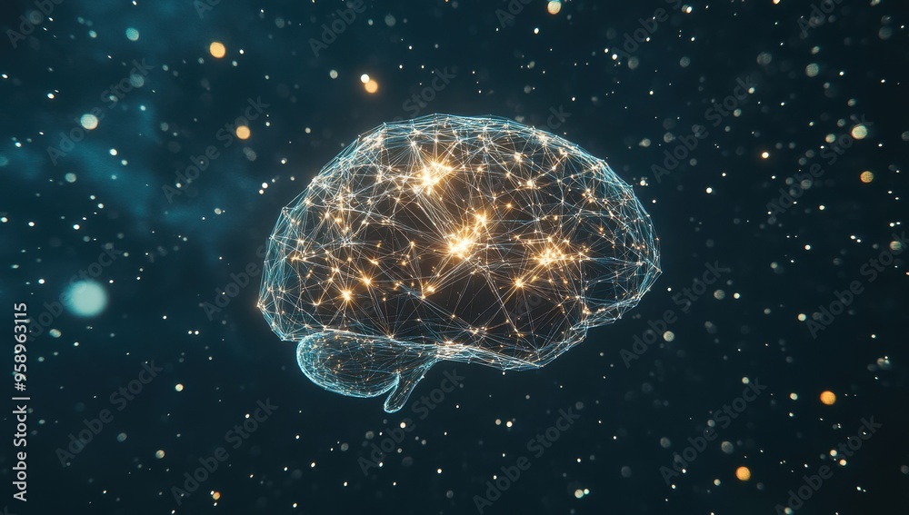 Aufkleber a digital brain made of glowing connections and nodes floating in space, representing the complexity