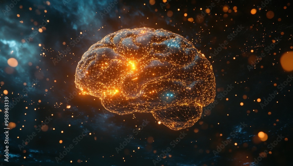 Poster a glowing brain made of digital connections, floating in space and symbolizing the power and potenti