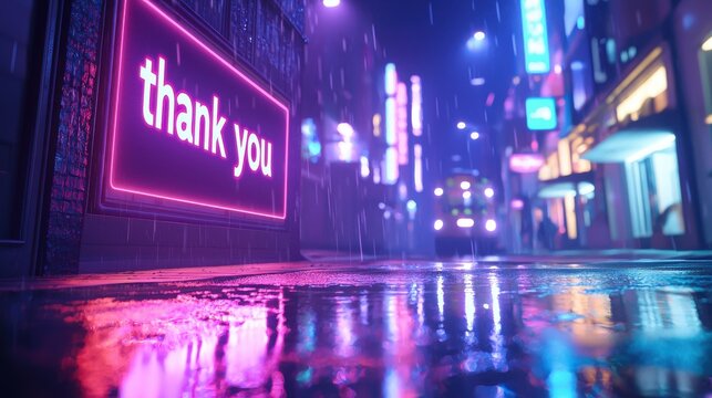 Thank you in bright neon lights on a digital screen, with reflections in a puddle, creating a modern and dynamic urban look - Powered by Adobe