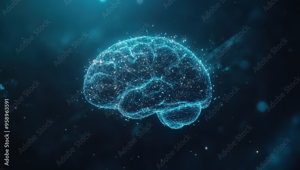 Poster a glowing brain made of digital connections, floating in space and symbolizing the ai network's deep