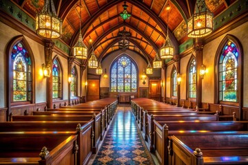Naklejka premium Glowing stained glass windows illuminate the vaulted ceiling and ornate pews of a serene, dimly lit sanctuary with