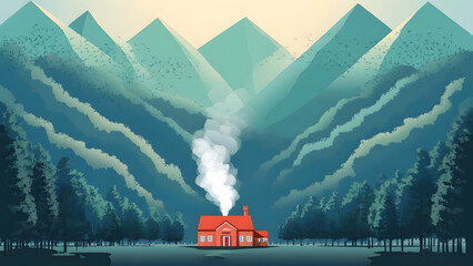 Serene Mountain Landscape Digital Illustration with Red-Roofed Cabin and Pine Trees at Sunrise