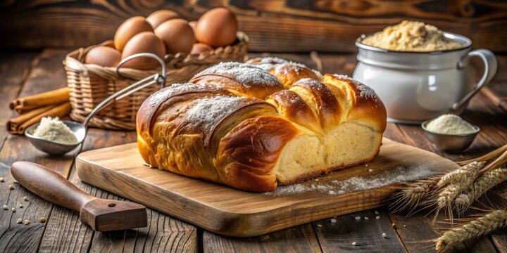Golden-brown, flaky, buttery briosh bread freshly baked in a rustic bakery, surrounded by scattered flour and baking