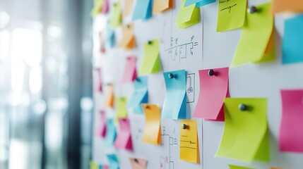 Business plan with mind maps, sticky notes on wall, Brainstorming session, Creative flow in business planning