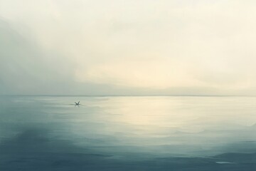 Obraz premium A Single Bird Soaring Above a Calm, Misty Lake