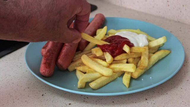 A male hand takes a potato from a plate with French fries and sausages, mayonnaise and ketchup. Bratwurst, pommes spezial, currywurst, imbiss.