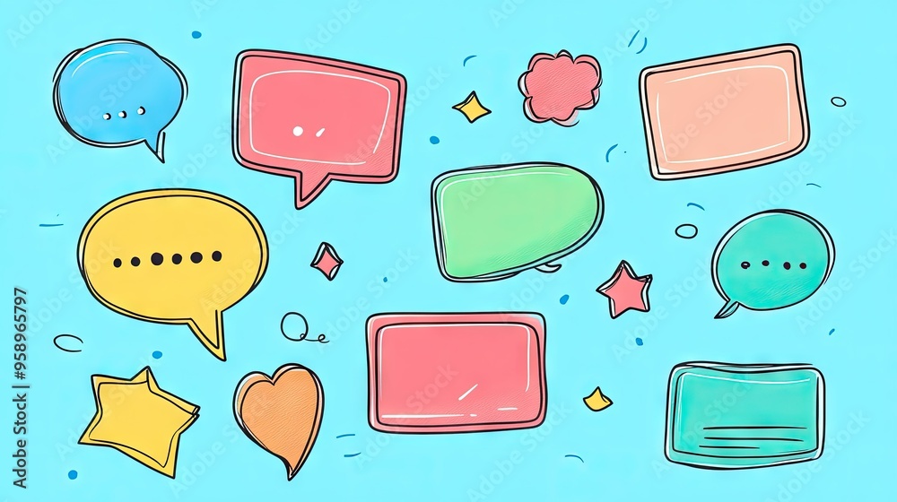 Aufkleber stylish cartoon message boxes and speech bubbles with outline doodle designs and space for text. ide
