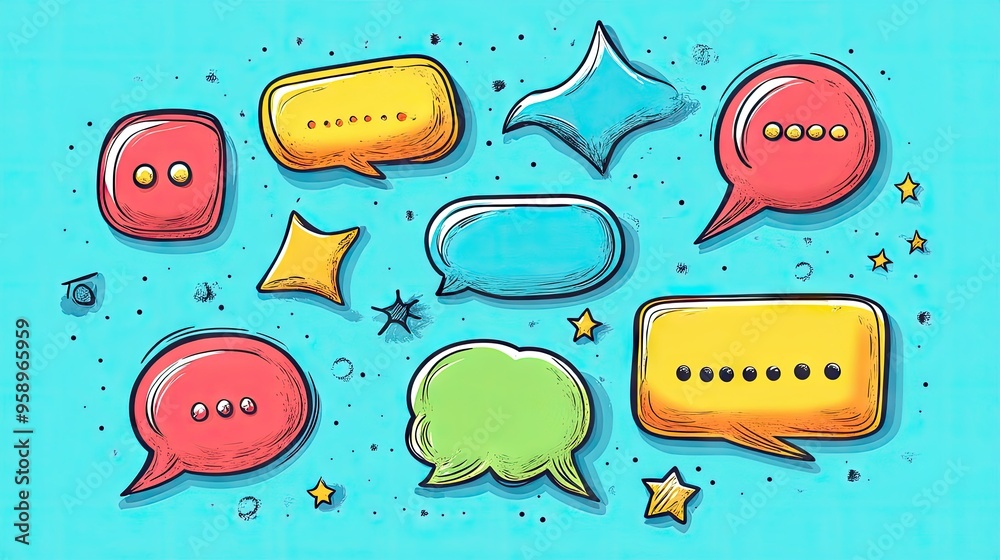 Aufkleber stylish cartoon message boxes and speech bubbles with outline doodle designs and space for text. ide