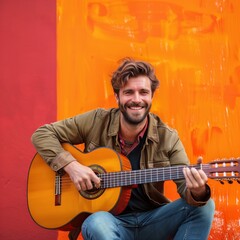 Obraz premium Caucasian musician sits on bench playing vibrant yellow guitar, wearing brown jacket, blue jeans, with warm smile as strums instrument. Orange wall backdrop adorned with white text adds artistic