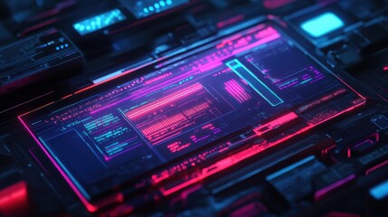 Fototapeta premium A vibrant digital interface showcases a futuristic ticket flyer design for an upcoming tech conference in 2025