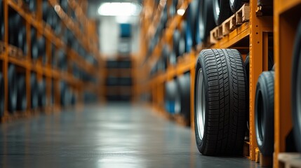 A spacious tire warehouse with neatly organized rows of tires on wooden pallets, showcasing an efficient storage solution.