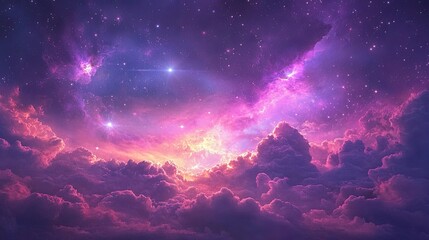 Fototapeta premium Mystical twilight sky blending soft pastels and glowing nebulae, celestial collage, serene ambiance