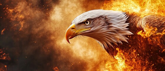 Close-up of a soaring eagle sharp beak surrounded by blazing forest fire intense colors and captivating wildlife scene