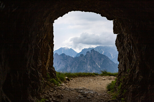 Hiking on Road of 52 Tunnels on the Pasubio massif in Veneto, Italy