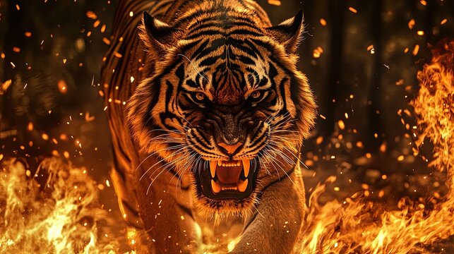 Close-up fierce tiger roaring with powerful energy vibrant fire forest backdrop intense details and glowing embers