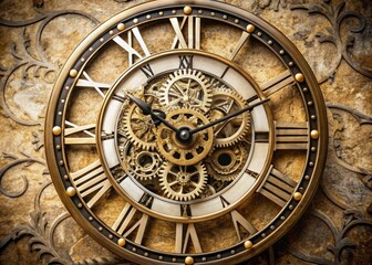 Fototapeta premium Macro shot of an ornate, intricately detailed, round, mechanical clock face with Roman numerals and delicate hands, set