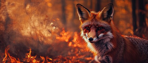 Close-up of a fox alert in a blazing forest background intense fiery hues dramatic lighting and captivating shot