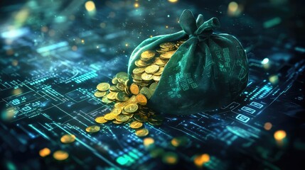 A digital depiction of a bag of coins spilling over a tech-themed background.